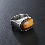 304 Stainless Steel with Natural Tiger Eye Finger Rings for Men, Oval, Stainless Steel Color, Stainless Steel Color, US Size 7(17.3mm)(FS-WG155DB-01)