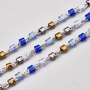 Handmade Glass Seed Beaded Chains, with Stainless Steel Cable Chains, Unwelded, with Spool, Stainless Steel Color, Blue, 1~2x0.9~1.5mm, about 26.24 Feet(8m)/roll(CHS-G012-11P)