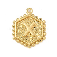 Brass Pendants, Hexagon Letter Charms, Letter X, 20x16x2.5mm, Hole: 1.5mm(KK-B126-01G-X)