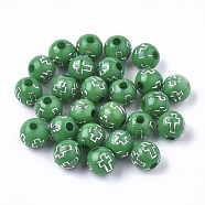 Plating Acrylic Beads, Silver Metal Enlaced, Round with Cross, Green, 8mm, Hole: 2mm, about 1800pcs/500g(PACR-Q113-10H)