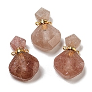 Rhombus Natural Strawberry Quartz Perfume Bottle Pendants, with 304 Stainless Steel Findings, Faceted, Golden, 26~27x17~17.5x8~8.5mm, Hole: 1.4mm, Capacity: about 2ml(0.06 fl. oz)(G-H241-01G-G)