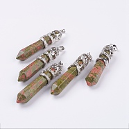 Natural Unakite Big Pointed Pendants, with Alloy Findings, Faceted, Bullet, Platinum, 59~63x11~12mm, Hole: 4x7mm(G-G738-A-36)