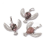 Natural Rhodonite Pendants, Bird Charms, with Platinum Tone Brass Findings, Cadmium Free & Nickel Free & Lead Free, 36~37x37.5~38.5x9~9.5mm, Hole: 7.5x5mm(G-P484-05P-02)