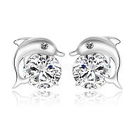 Real Platinum Plated Dolphin Brass Stud Earrings, with Rhinestone, Crystal, 10x10mm(EJEW-EE0001-228)