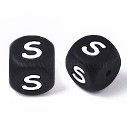Food Grade Eco-Friendly Silicone Beads, Horizontal Hole, Chewing Beads For Teethers, DIY Nursing Necklaces Making, Cube, Black, Letter.S, 12x12x12mm, Hole: 2mm(SIL-T055-S)