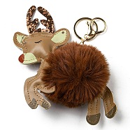 Imitation Rex Rabbit Fur & PU Leather Christmas Reindeer Pendant Keychain, with Alloy Clasp, for Bag Car Pendant Decoration, Brown, 15cm(KEYC-K018-02KCG-03)