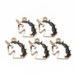 Alloy Enamel Pendants, with Glitter Powder, Light Gold, Cadmium Free & Nickel Free & Lead Free, Unicorn, Black, 20x16.5x3mm, Hole: 2mm(ENAM-N055-021A-NR)