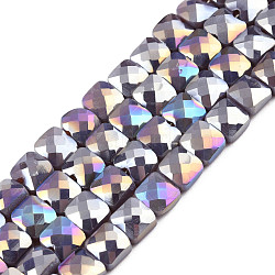 Electroplate Opaque Solid Color Glass Beads Strands, AB Color Plated, Faceted, Square, Old Rose, 6.5x6.5x4.5mm, Hole: 1.2mm, about 97~99Pcs/strand, 25 inch(63.5cm)(EGLA-N002-43-08)