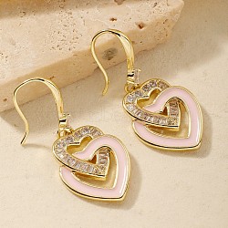 Elegant Fashion Double Heart Brass Dangle Earrings, with Clear Cubic Zirconia, Golden, 38x16mm(OA6431-2)