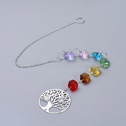 Chandelier Suncatchers Prisms Octogon Glass Chakra Hanging Pendant, with Iron Pendant and Cable Chain, Faceted, Flat Round with Tree of Life, Platinum, 400x2mm(AJEW-G025-C02)