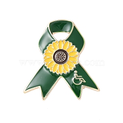 Awareness Ribbon with Sunflower Enamel Pins, Alloy Brooches for The Disabled, Green, 41x37mm(JEWB-H030-01KCG-01)