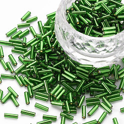 Plated Glass Bugle Beads, Metallic Colours, Green, 6~7x2mm, Hole: 1mm, about 10000pcs/Pound(SEED-S046-01B-27)