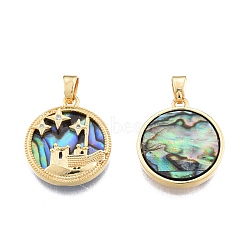 Synthetic Abalone Shell/Paua Shell Pendants, with Brass Pave Clear Cubic Zirconia Findings, Flat Round Charm with Star, Real 18K Gold Plated, 19x16.5x2.7mm, Hole: 4x2.5mm(KK-A165-12G)