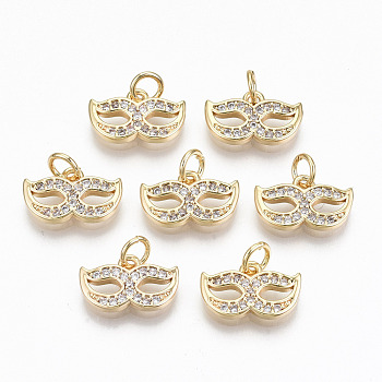 Brass Micro Pave Clear Cubic Zirconia Charms, Nickel Free, Mask, Real 18K Gold Plated, 8x13x2mm, Hole: 3mm