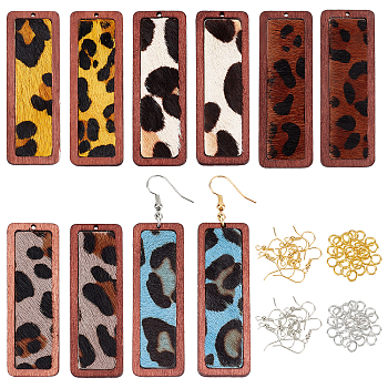 Olycraft DIY Rectangle with Leopard Print Pendant Drop Earring Making Kit, Including Cowhide Leather Big Pendants with Dyed Wood, Brass Earring Hooks & Jump Rings, Mixed Color, Pendants: 56x19x3mm, Hole: 1.2mm, 10pcs/box