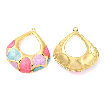 Enamel Pendants, with 304 Stainless Steel Finding, Real 18K Gold Plated, Teardrop Charm, Hot Pink, 36.5x33.5x5mm, Hole: 2mm
