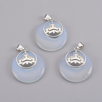 Opalite Pendants, with Platinum Tone Brass Findings, Flat Round with Buddha, 32x28x7mm, Hole: 4x5mm