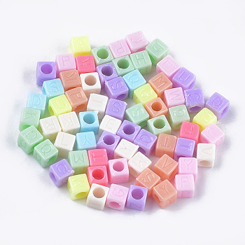 Opaque Acrylic Beads, Horizontal Hole, Cube with Letter, Mixed Color, 5.5~6x5.5~6x5.5~6mm, Hole: 3.5~4mm, about 4160pcs/500g