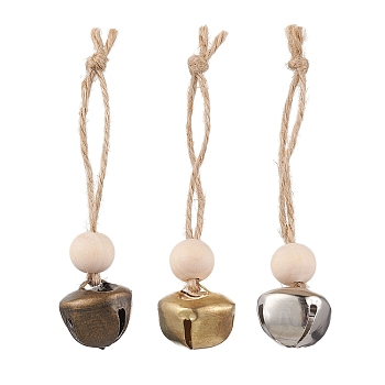 3Pcs 3 Colors Iron Bell Pendant Decoration, Wood Beads and Jute Cord for Home Door Hanging Ornaments, Mixed Color, 75mm, 1pc/color