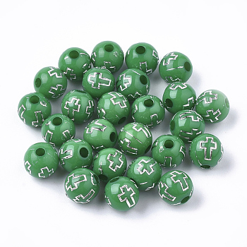 Plating Acrylic Beads, Silver Metal Enlaced, Round with Cross, Green, 8mm, Hole: 2mm, about 1800pcs/500g