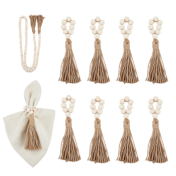 Wooden Beaded Napkin Rings, with Jute Tassel, Napkin Holder Adornment, Tan, 190~1500mm, 9pcs/set