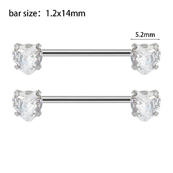 304 Stainless Steel Clear Cubic Zirconia Nipple Rings, Nipple Piercing Pins, Stainless Steel Color, Heart, 5.2mm, Pin: 14x1.2mm