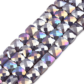 Electroplate Opaque Solid Color Glass Beads Strands, AB Color Plated, Faceted, Square, Old Rose, 6.5x6.5x4.5mm, Hole: 1.2mm, about 97~99Pcs/strand, 25 inch(63.5cm)