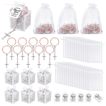 Alloy Charm Bracelets, Plastic Beads Link Bracelets with Organza Gift Bags and Cross Hollow Candy Paper Gift Boxes, Paper Hang Gift Tags, Light Coral, Inner Diameter: 1-5/8 inch(4.1cm), 30pcs/style
