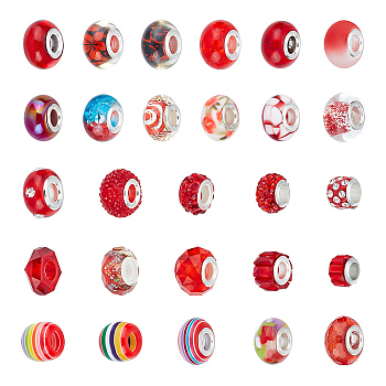 Acrylic & Resin & Polymer Clay Rhinestone European Beads, Large Hole Beads, with Silver Color Core, Rondelle, Red, Beads: 13.5~14x8~10mm, Hole: 5mm, 54pcs/bag, 1 bag/box