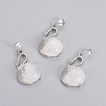 Natural Quartz Crystal Pendants, with Platinum Tone Brass Findings, Swan, 30.8x18.8x8.5mm, Hole: 7x5mm