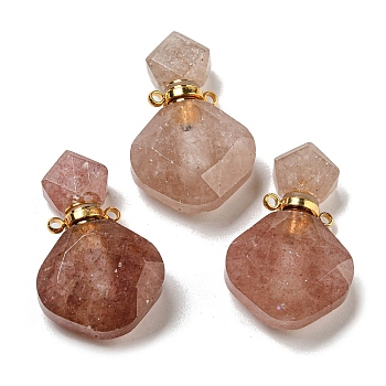 Rhombus Natural Strawberry Quartz Perfume Bottle Pendants, with 304 Stainless Steel Findings, Faceted, Golden, 26~27x17~17.5x8~8.5mm, Hole: 1.4mm, Capacity: about 2ml(0.06 fl. oz)