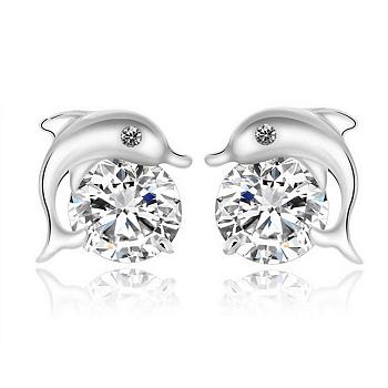 Real Platinum Plated Dolphin Brass Stud Earrings, with Rhinestone, Crystal, 10x10mm