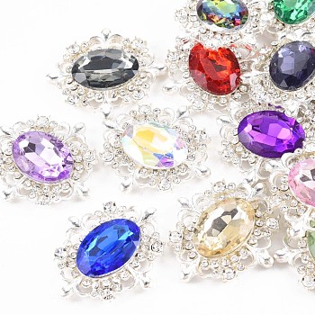 Acrylic Crystal Rhinestone Cabochons, with Silver Plated Alloy Findings, Cadmium Free & Lead Free, Faceted, Flat Back, Oval, Mixed Color, 32.5x29.5x5.5mm