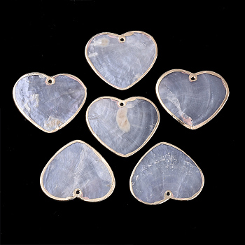 Edge Golden Plated Capiz Shell Pendants, Heart, Clear, 33.5x39x1mm, Hole: 1.6mm
