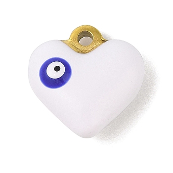 304 Stainless Steel Enamel Pendants, Golden, Heart with Evil Eye Charm, White, 17x17x6.5mm, Hole: 1.8mm