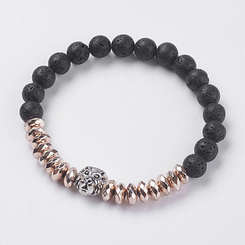 Synthetic Hematite Stretch Bracelets, with Natural Lava Rock and Alloy Findings, Lion, Antique Silver, Rose Gold Plated, 2-1/4 inch(57mm)