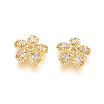 5-Petal Brass Micro Pave Clear Cubic Zirconia Bead Caps, Flower, Golden, 12x4mm, Hole: 1.2mm