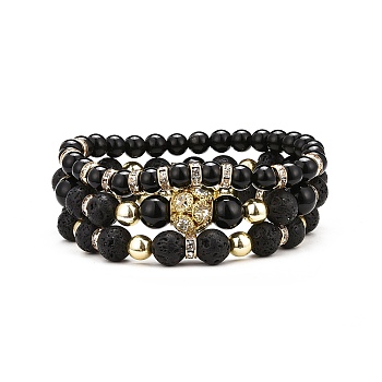 3Pcs 3 Style Natural Obsidian & Lava Rock & Brass Beaded Stretch Bracelets Set, Gemstone Stackable Bracelets for Women, Inner Diameter: 2-1/8~2-3/8 inch(5.5~5.9cm), 1Pc/style