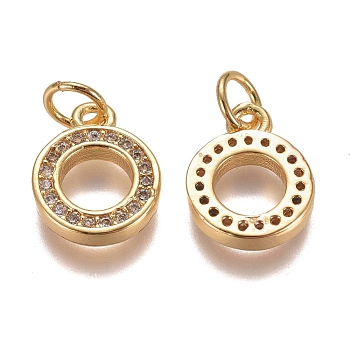 Brass Micro Pave Clear Cubic Zirconia Charms, with Jump Rings, Round Ring Shape, Golden, 12x10x2mm, Hole: 3mm