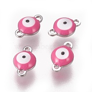 304 Stainless Steel Enamel Links connectors, Flat Round with Evil Eye, Stainless Steel Color, Hot Pink, 14.5x10x4.5mm, Hole: 1.4mm(STAS-F206-02P-C07)