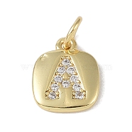 Rack Plating Brass Micro Pave CLear Cubic Zirconia Charms, with Jump Rings, Cadmium Free & Lead Free, Long-Lasting Plated, Real 18K Gold Plated, Letter A, 11.5x9x1.5mm, Hole: 2.8mm(KK-E110-14G-A)