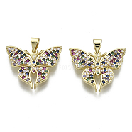 Brass Micro Pave Cubic Zirconia Pendants, with Brass Snap on Bails, Nickel Free, Butterfly, Real 16K Gold Plated, Colorful, 19x23x3mm, Hole: 5x3mm(ZIRC-N039-044-NF)