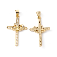 Rack Plating Brass Micro Pave Cubic Zirconia Pendants,  Cadmium Free & Nickel Free & Lead Free, Real 18K Gold Plated, Cross with Heart, Clear, 28.5x17x2mm, Hole: 5x3.5mm(ZIRC-C040-45G-02)