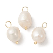 Natural Freshwater Pearl Pendants, Potato Charms with Golden Plated Brass Loops, Floral White, 16~17x8~9x8~8.5mm, Hole: 2.5~3mm(X-PALLOY-JF02153-01)