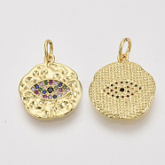 Brass Micro Pave Cubic Zirconia Pendants, with Jump Rings, Flat Round with Eye, Nickel Free, Colorful, Real 18K Gold Plated, 17x15x2mm, Jump Ring: 5x0.8mm, 3.4mm inner diameter(ZIRC-Q022-017G-NF)
