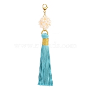 Polyester Tassel Big Pendants, with Natural Pearl Woven Beads and Golden Plated 304 Stainless Steel Lobster Claw Clasps, Medium Turquoise, 118mm(PALLOY-JF00473-02)