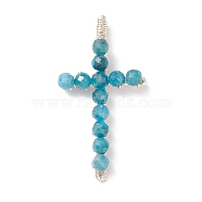 Natural Apatite Faceted Round Beads Pendants, with Silver Color Plated Brass Findings, Cross Charms, 41.5~43x21~23x5~6mm, Hole: 2x3.5mm(PALLOY-TA00002-04)