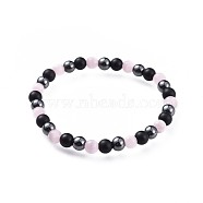 Cat Eye Stretch Bracelets, with Natural Black Agate(Dyed) Beads and Non-Magnetic Synthetic Hematite Beads, Pearl Pink, 2-1/4 inch(5.7cm)(BJEW-JB04591-03)