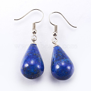 Natural Lapis Lazuli Dangle Earrings, with Brass Earring Hooks, Drop, Platinum, 43mm, Pin: 0.5mm(X-EJEW-P143-C05)