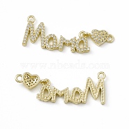 Rack Plating Brass Micro Pave Clear Cubic Zirconia Connector Charms, Mother's Day Links Word Mama with Heart for Women, Cadmium Free & Lead Free, Long-Lasting Plated, Real 18K Gold Plated, 14x39x2.5mm, Hole: 1.6mm and 1.8mm(ZIRC-F130-13G)